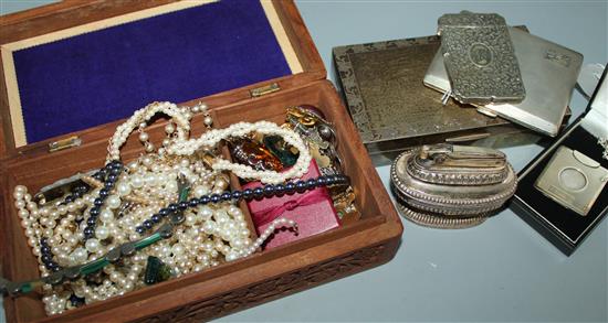 Silver cigar cutter on chain, Vict silver card case, silver cigarette box and case, Cartier lighter and sundries